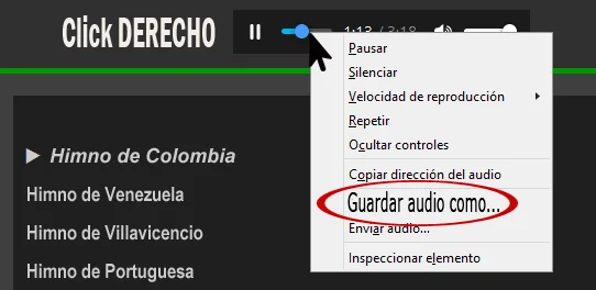 En HTML5 = Click DERECHO sobre el reproductor de música mp3 y GUARDAR AUDIO COMO